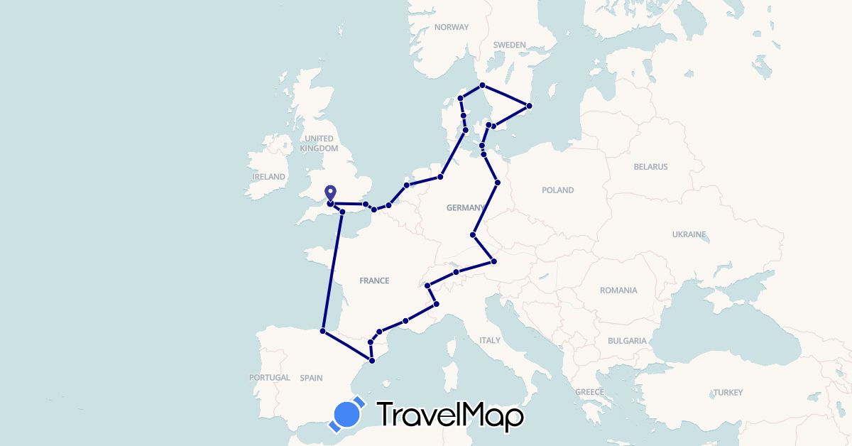 TravelMap itinerary: driving in Andorra, Austria, Belgium, Germany, Denmark, Spain, France, United Kingdom, Italy, Liechtenstein, Netherlands, Sweden (Europe)